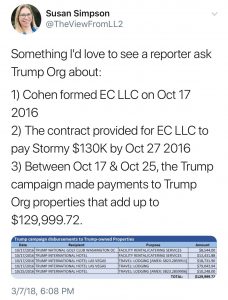 Trump campaign paid Trump Org properties 129,999.72 days before 130k Stormy Daniels payout. - conspiracy