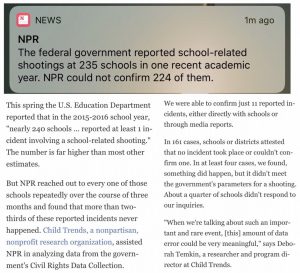 In a rare example of actual journalism, NPR admits that nearly 90% of the &ldquo;school shootings&rdquo; we hear about when gun-control activists cite absurdly high numbers never actually happened. : conspiracy