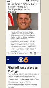 Nov 1st: Former Pfizer executive and current HHS senior advisor official Daniel Best is found dead in driveway...Nov 15th: Death ruled suicide from "multiple blunt force injuries"... Nov 16th: Pfizer raises prices on 41 drugs after just promising not to r